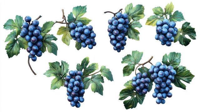 A collection of beautifully painted watercolor illustrations of ripe purple grape clusters with green leaves, isolated on a white background.