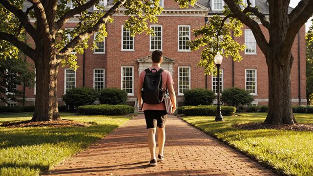 Young man walking towards a brick university building