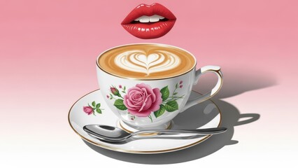 A white teacup with pink rose design and heart shaped latte art on top with spoon on saucer and red lips above