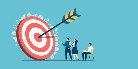 A professional team celebrates hitting the center of a large target with an arrow. This flat art represents business growth, strategic planning, and successful teamwork in reaching corporate goals.