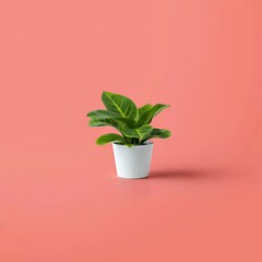Fototapeta premium A vibrant green plant in a white pot stands against a soft pink backdrop. Perfect for home decor and interior design themes.