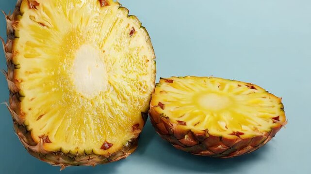 Slow push in on sliced pineapple halves on pastel blue background with glossy fresh fruit texture