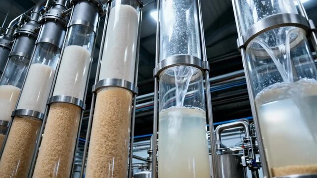 Medium shot of tall ion exchange resin columns in an industrial plant showcasing the decolorization process for sugar liquor purification with clear liquid flowing through.