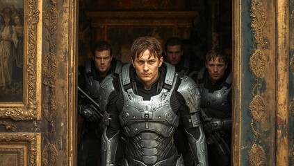 Obraz premium Entering lead soldier in metallic armor guiding teammates through hall with gilded doorway, rifles