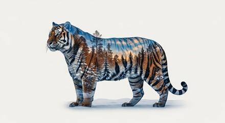 Fototapeta premium Double exposure of a tiger with a winter forest landscape inside for wildlife, ecological, and nature conservation concept.