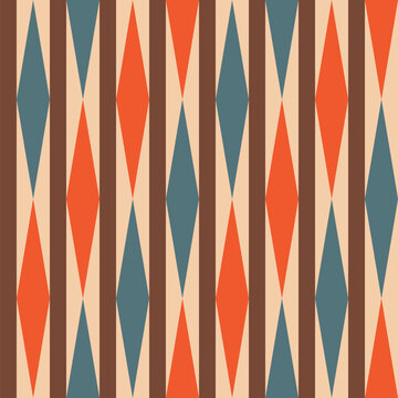 attern created from rows of vertical elongated orange and teal blue diamonds on a beige background divided by brown stripes