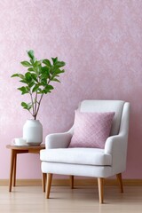 pink damask wallpaper with a white pattern, wall paper mockup in an empty room with an armchair and coffee table, a vintage retro design background.
