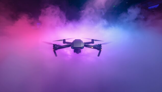 Hovering quadcopter drone in studio showing foldout arms and gimbal amid magenta-cyan fog, blue LED