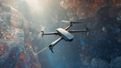 Obraz premium Hovering gray quadcopter drone gliding in crystal cavern, displaying forward camera gimbal