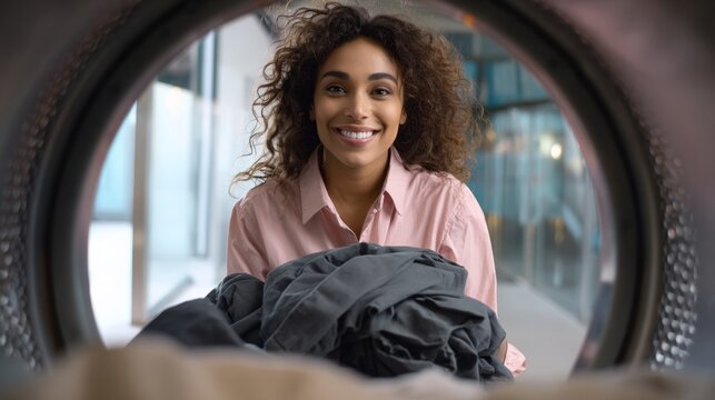 Happy woman loading laundry into a washing machine, engaging in domestic tasks for cleanliness and hygiene. Laundry