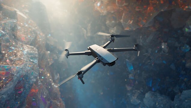 Hovering gray quadcopter drone gliding in crystal cavern, displaying forward camera gimbal