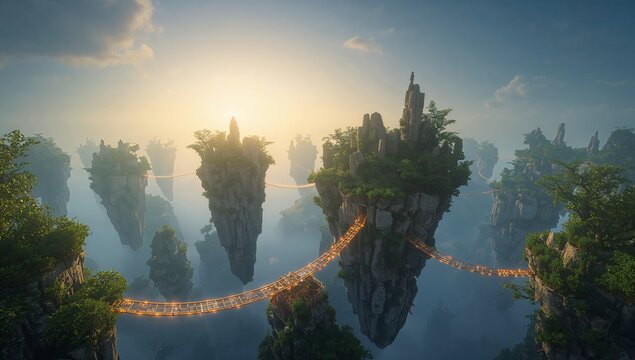 Towering central pillar topped with monument rising above misty valley, connected by lit bridges
