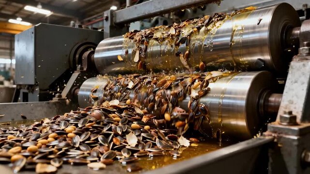Industrial medium shot showcasing heavyduty rollers flaking large quantities of oilseeds optimizing mechanical oil extraction with robust machinery.