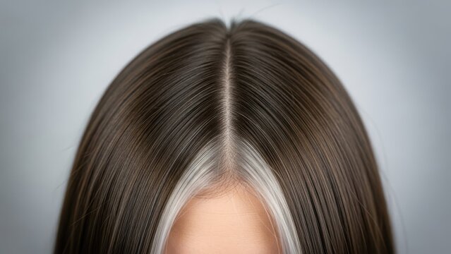 Closeup of womans hair with gray roots and brown dyed hair