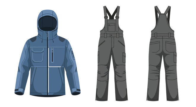 Technical ski apparel set a hooded jacket and matching overalls isolated on white