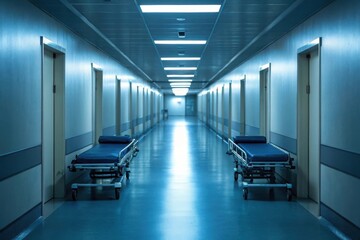 Fototapeta premium An empty hospital corridor with blue gurneys under bright cool lighting