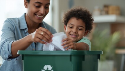 Mother and child placing white paper into green recycling bin at home, denim shirt, green T-shirt