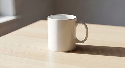 Fototapeta premium A white coffee mug on a light wooden table in a room with natural light