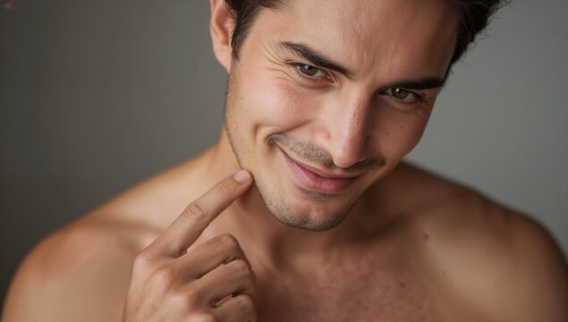 Smiling shirtless male subject leaning toward camera, studio, touching cheek with index finger
