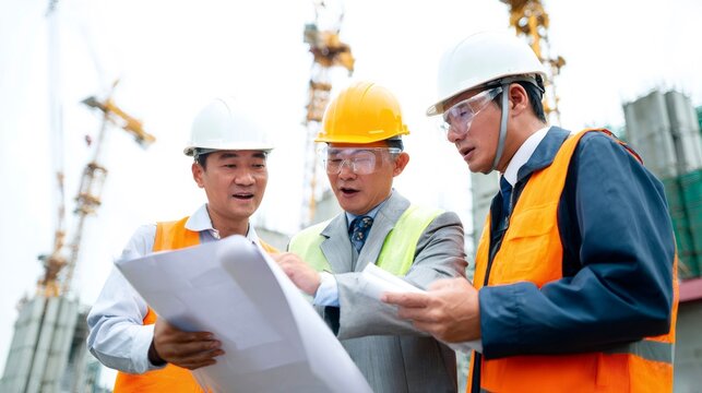 Three asian engineers and architects wearing safety helmets and vests collaborating on a new development project, reviewing architectural blueprints on a bustling construction site with cranes