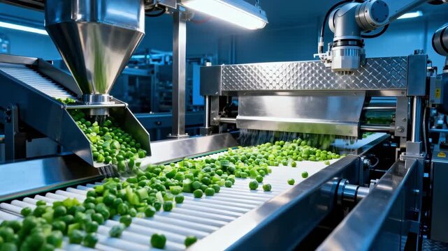Medium shot of individually quick freezing diced peas on a conveyor belt highlighting automated machinery and efficient industrial food processing.