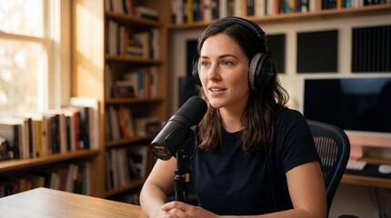 Speaking woman wearing black shirt and large headphones at home studio desk, with microphone