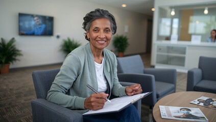 Smiling senior Asian woman filling out forms in clinic waiting room, with clipboard and pen