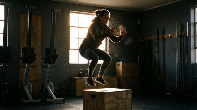 Jumping athlete wearing hoodie and leggings onto wooden plyo box at gym, chalk particles lighting