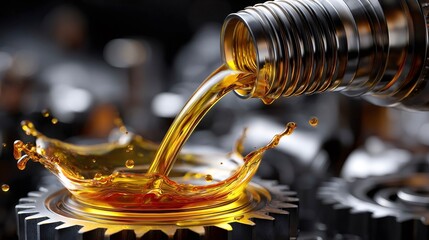 Fototapeta premium Engine oil pouring from a lubricant bottle creates a dynamic splash on mechanical gears, representing essential maintenance, lubrication, and industrial power for automotive and machinery systems