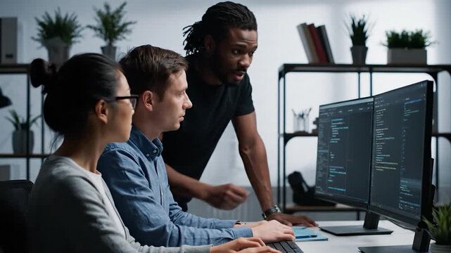 Three software developers collaborating on a coding project in a modern office environment, viewing code on a computer screen together