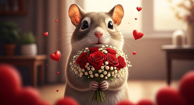 Cute hamster holding a bouquet of red roses, surrounded by red hearts for Valentines Day. Sweet animal character expressing love and romance.