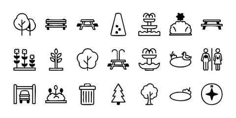 Collection of Simple Line Icons Representing Various Park Elements and Activities from a Direct Viewpoint