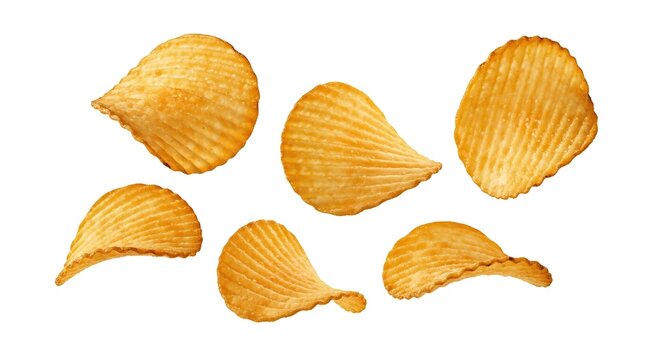 Six crispy ridged potato chips falling and isolated on a white background