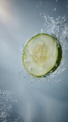 A crisp cucumber slice bursts through crystal-clear water, radiating freshness and hydration. Soft lighting highlights the delicate surface for a premium skincare vibe.