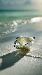 A close-up of a lustrous seashell resting on pristine white sand with sunlight dancing on gentle water ripples. Minimalist and elegant, this scene evokes coastal tranquility.