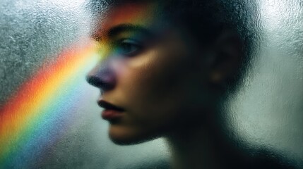 A blurred face silhouette behind frosted glass glows with prismatic rainbow light. Ethereal shadows and abstract geometry create a mysterious editorial mood.