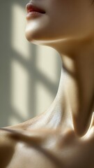 A close-up of a smooth jawline and neck highlighted by a streak of cream in sunlight. Geometric shadows and luminous skin create a serene, sculptural beauty.