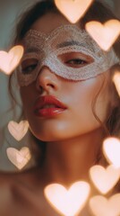 Close-up portrait of a model with glossy red lips and a delicate lace mask. Dreamy heart-shaped bokeh lights and glowing blush create a romantic, elegant mood.