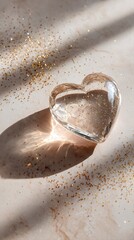 A transparent crystal heart sparkles atop a pale marble surface, bathed in a blush glow. Golden glitter adds a chic, editorial touch to this elegant flat lay.