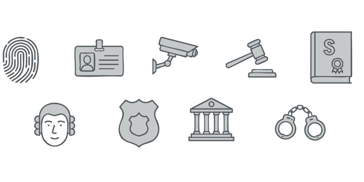 Collection of grayscale icons representing law enforcement and justice symbols displayed on a clean white background from a straightforward viewpoint