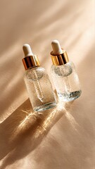 Two luxury glass dropper bottles with golden caps rest on a beige surface. Sunlight and airy condensation evoke a minimal, elegant skincare aesthetic.
