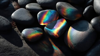 Glossy river pebbles display vivid rainbow refractions under low sunlight. Iridescent highlights and dramatic shadows create an earthy, abstract mood.