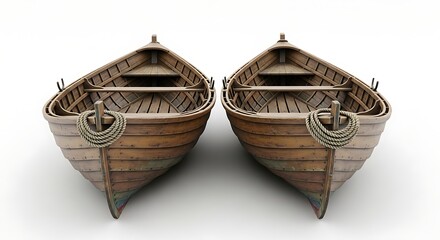 Obraz premium Two empty wooden rowboats tied together, facing forward on a white background