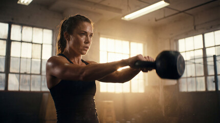 Pressing athlete lifting black kettlebell in sunlit gym with paned windows, wearing black tank