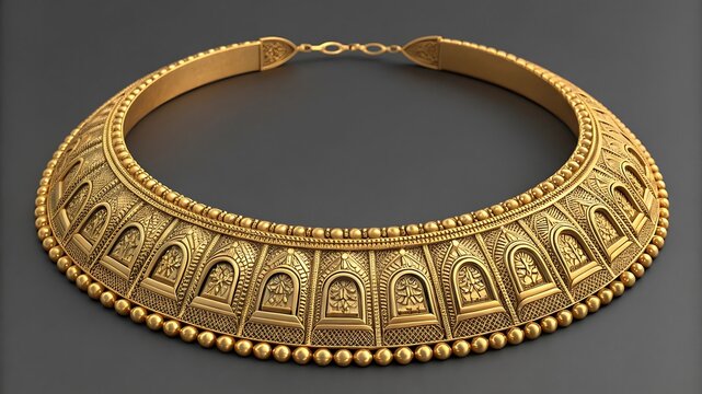 Elaborate ancient gold torc necklace with intricate architectural detailing