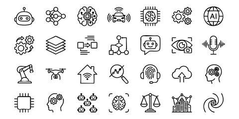 Fototapeta premium A collection of simple icons representing technology and innovation on a clean white background viewed from directly above