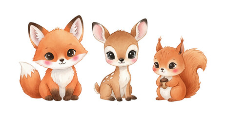 Fototapeta premium Cute baby fox deer and squirrel sitting together with happy expressions adorable woodland animal friends illustration