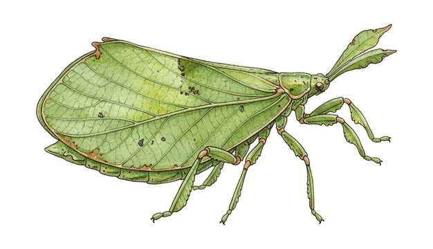 Detailed green leaf insect illustration standing camouflaged with realistic texture and vibrant colors