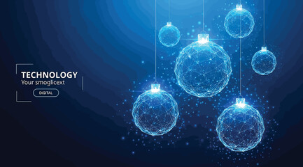 "Futuristic Digital Ornaments Depicted as Glowing Spheres, Hanging Against a Deep Blue Background, Representing Technology, Innovation, and the Intersection of Art and Science in a Modern Holiday Them © S.Siam