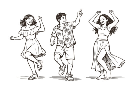 Multiracial teens dancing at beach party, vector illustration